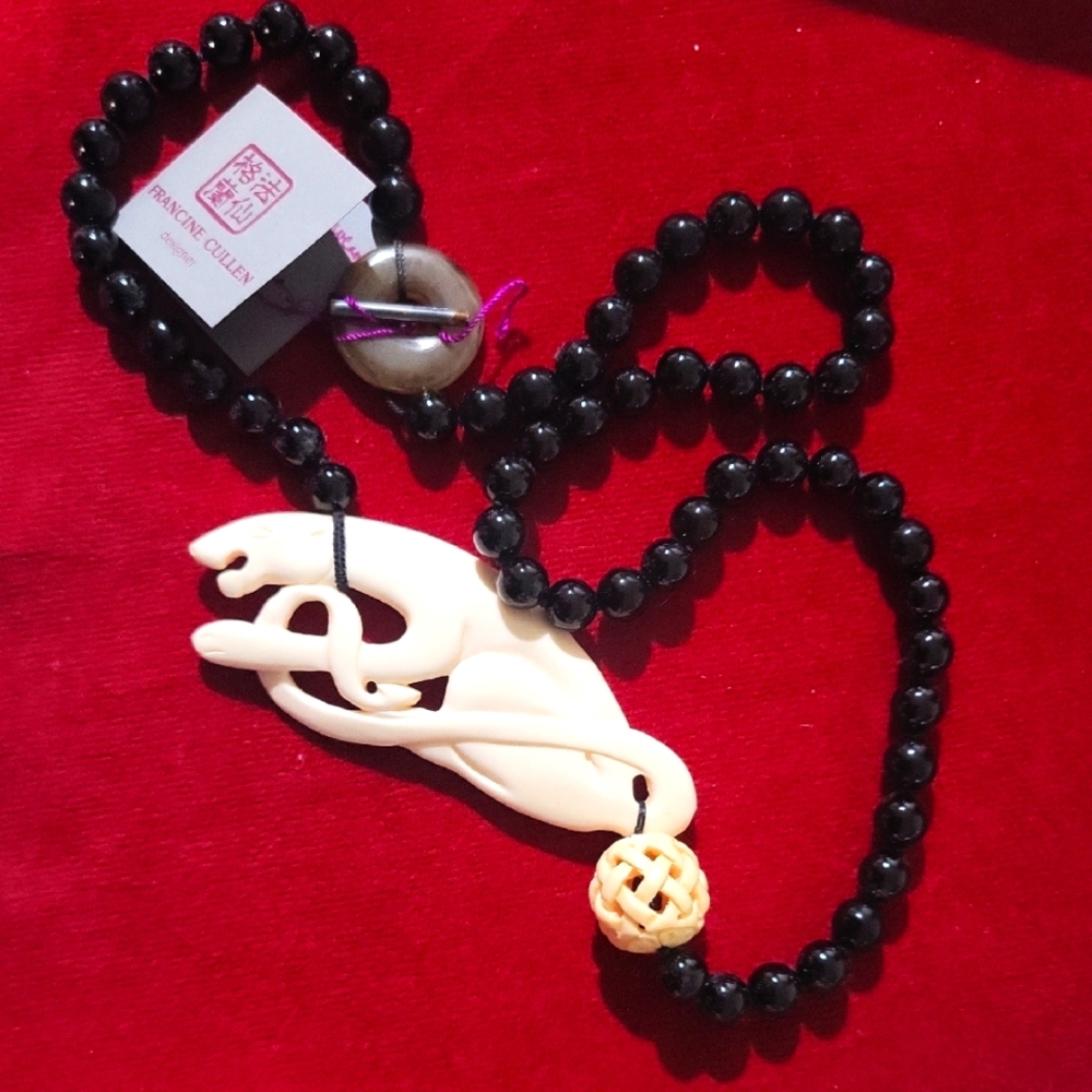 Francine Cullen Bone Jaguar, Black Bead Necklace